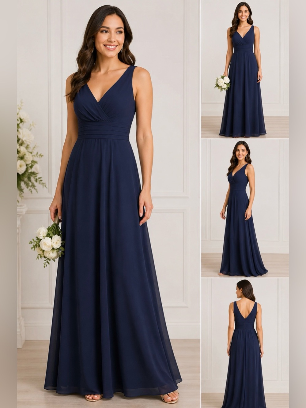 David’s Bridal Navy Blue Chiffon Bridesmaid Maxi Dress Size 0 V-Neck Sleeveless